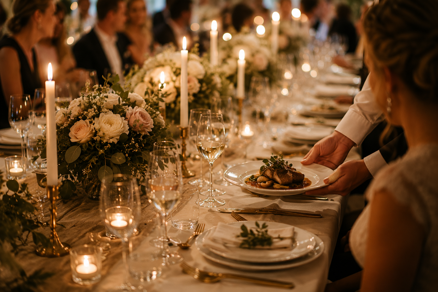 Bröllopsmiddag med dukning, glas och blommor